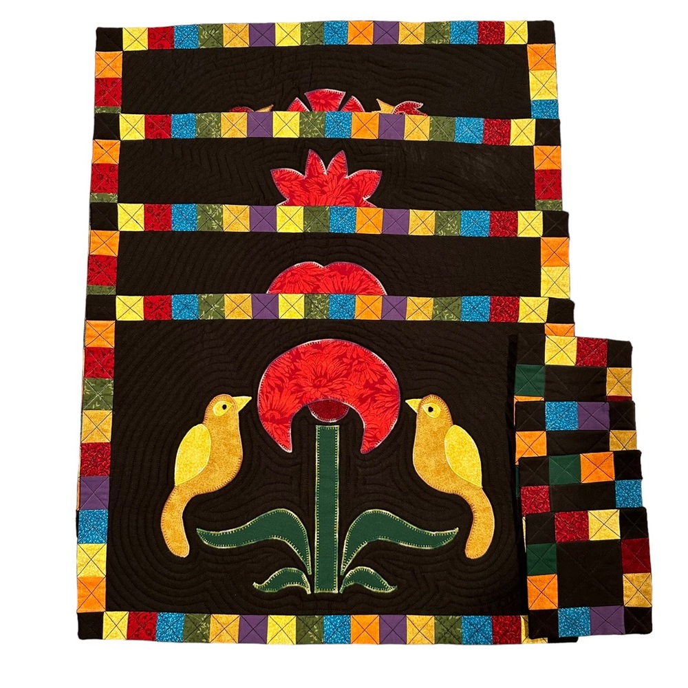 Folkart Quilted Textile Handmade Bird Flower Placemats and Matching Coasters Set